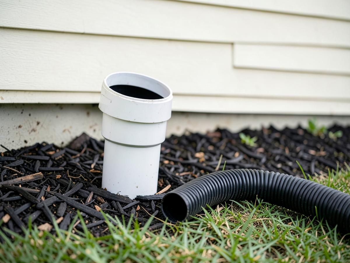 Drain cleaning hose beside an open sewer cleanout pipe at the base of a New Jersey home